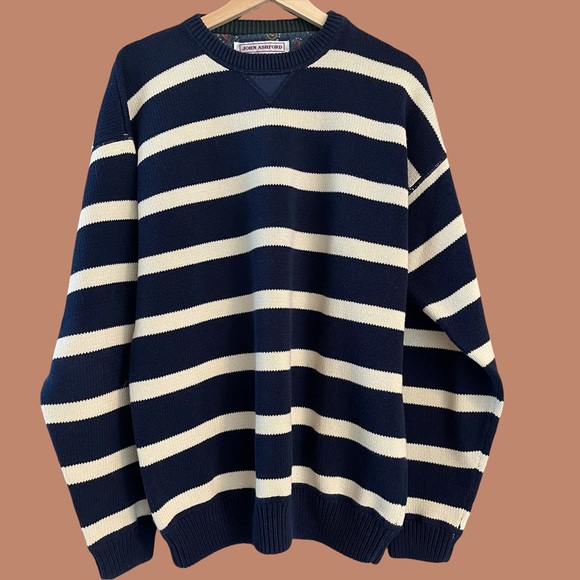 Men's Vintage John Ashford Navy|Cream Sweater - M - Picture 2 of 6